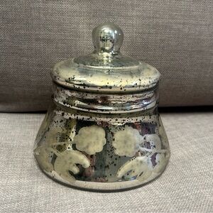 Antiqued Mercury Squat Glass Jar with Lid Etched Floral Design #11052510